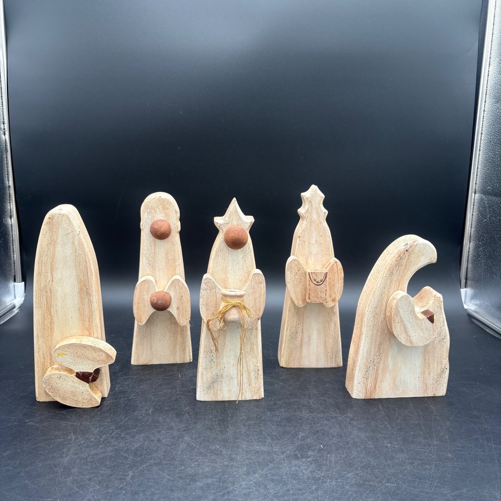 Unbranded Wood Nativity Set 5 Piece Tan Excellent Rustic Minimalist Christmas